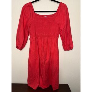 INGRID + ISABEL Red Smocked Square Neck 3/4 Sleeve Linen Blend Dress XS